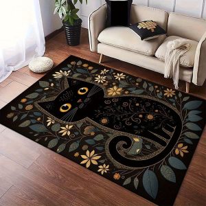 Black Cartoon Cute Cat Polyester Area Rug, Non-Slip Shaggy Carpet, Machine Washable, Welcome Door Mat for Home Decor, Living Room, Bedroom, Game Room, and Dormitory - Durable and Large Coverage