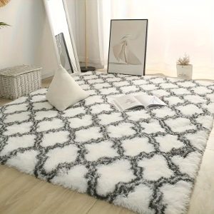 Plush Gray & White Checkered Area Rug - Anti-Slip, Stain-Resistant for Living Room, Bedroom, Entryway - Soft Shaggy Carpet for Home Decor