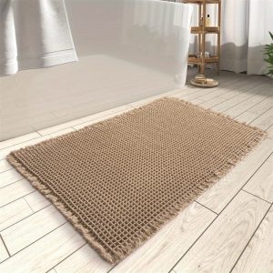 1pc Waffle Bath Mat, Super Absorbent Non-Slip Bath Mat For Bathroom Floors, Machine Washable Bathroom Rug With Fringe, Rubber Backed Bath Mat, Super Soft Floor Carpet