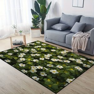 Floral Pattern Polyester Area Rug - Stain Resistant Non-Slip Medium Pile Machine Washable Rectangle Rug for Bedroom & Indoor Use - Machine Made Fluffy Plush Mat for Living Room, Dressing Room, & Beside Coffee Table