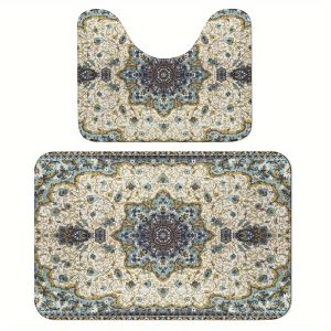 2PCS Bathroom Rug Set, Persian Carpet Texture Abstract Tribal Modern Ornament, Non-Slip Microfiber Bath Mats, Braided Woven Polyester, Absorbent, 15.7x23.6 in Bath Mat & 13.4x17.3 in U-Shaped Toilet Mat, Hotel Decoration