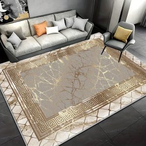 Luxury Greek Key Patterned Area Rug - 90.55x62.99inch, Medium Pile, Non-Slip, Stain Resistant, Machine Washable, Soft Polyester Carpet for Living Room and Bedroom