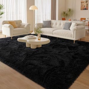 Ultra-Soft Black Plush Area Rug - Easy Clean, Durable & Cozy For Bedroom, Living Room, And More - Thick Sponge Padding, Fluffy Feel, Perfect For Home Decor