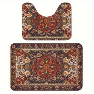 2pcs/set Non-Slip Persian Texture Bathroom Rug Set - Absorbent Microfiber Bath Mats, Machine Washable, U-Shaped Toilet Mat Included