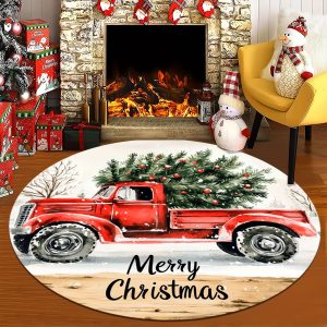 Cozy Christmas-Themed Round Rug with Farmhouse Red Truck & Tree Design - Soft, Absorbent, Non-Slip & Stain-Resistant for Living Room, Bedroom, Entryway - Machine Washable Flannel Memory Foam Mat