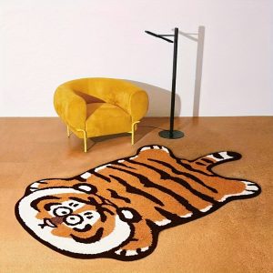 1pc Cute Tiger Motif Area Rug, Creative Cartoon Animal Print Carpet, Special-shaped Floor Mat, Non-slip And Washable Foot Pad, For Living Room Bedside Accessories Home Decor Room Supplies Spring Decor Gift