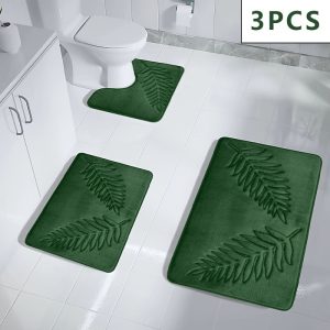 3pcs Memory Foam Bath Mat Set, 2 Rectangular Floor Mats + 1 U-shaped Floor Mat, Soft Non-slip Absorbent Bath Mat, Home Bathroom Washable Shower Rug, Leaf Pattern, Bathroom Accessories, Bathroom Decor, Kitchen Area Mat, Laundry Room, Bedroom, Shower, Indoor Mat, Bathroom Accessories